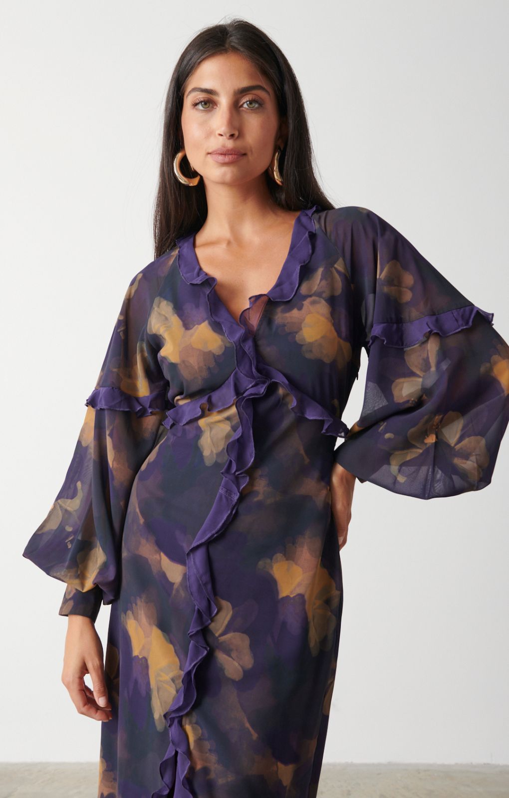 Pretty Lavish Francesca Frill Dark Amethyst & Saffron Floral Maxi Dress – dresses by Pretty Lavish, available to rent from Hirestreet