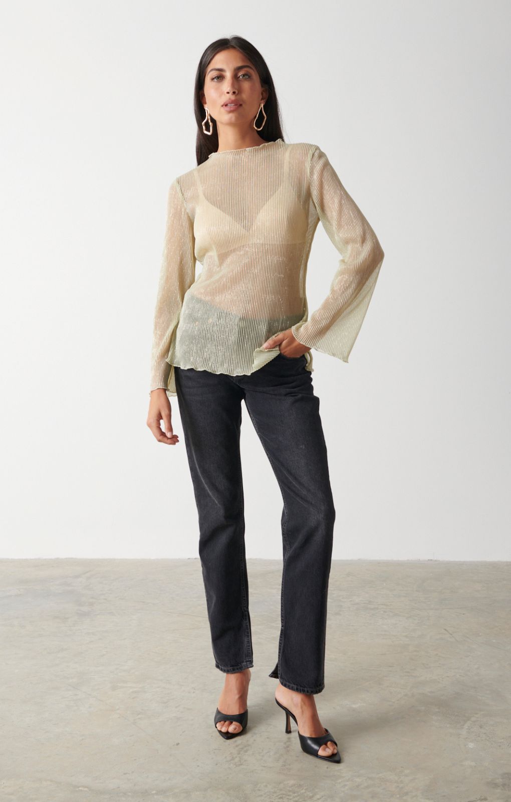 Pretty Lavish Fraser Sheer Gold Plisse Top – tops by Pretty Lavish, available to rent from Hirestreet
