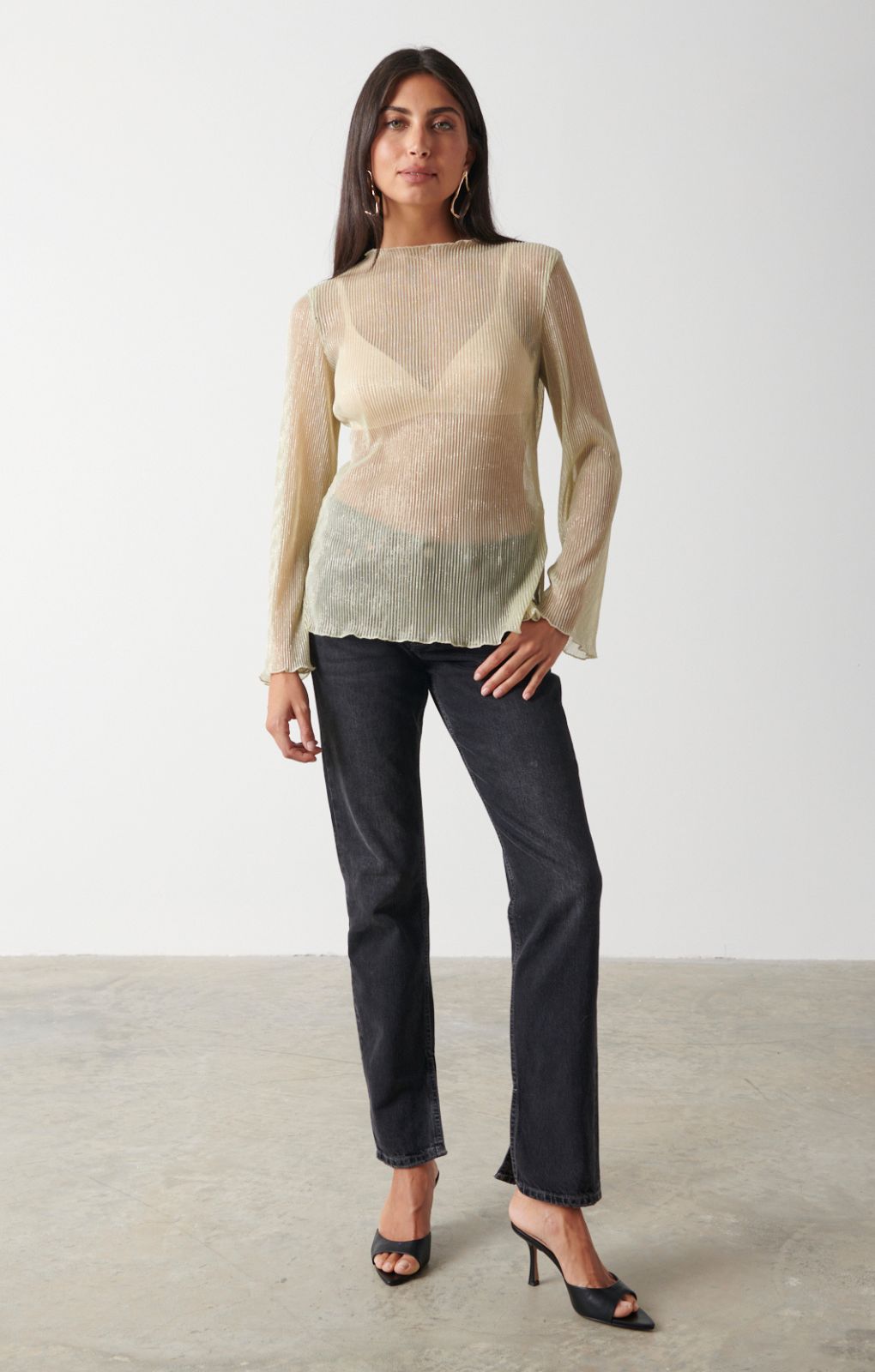 Pretty Lavish Fraser Sheer Gold Plisse Top – tops by Pretty Lavish, available to rent from Hirestreet