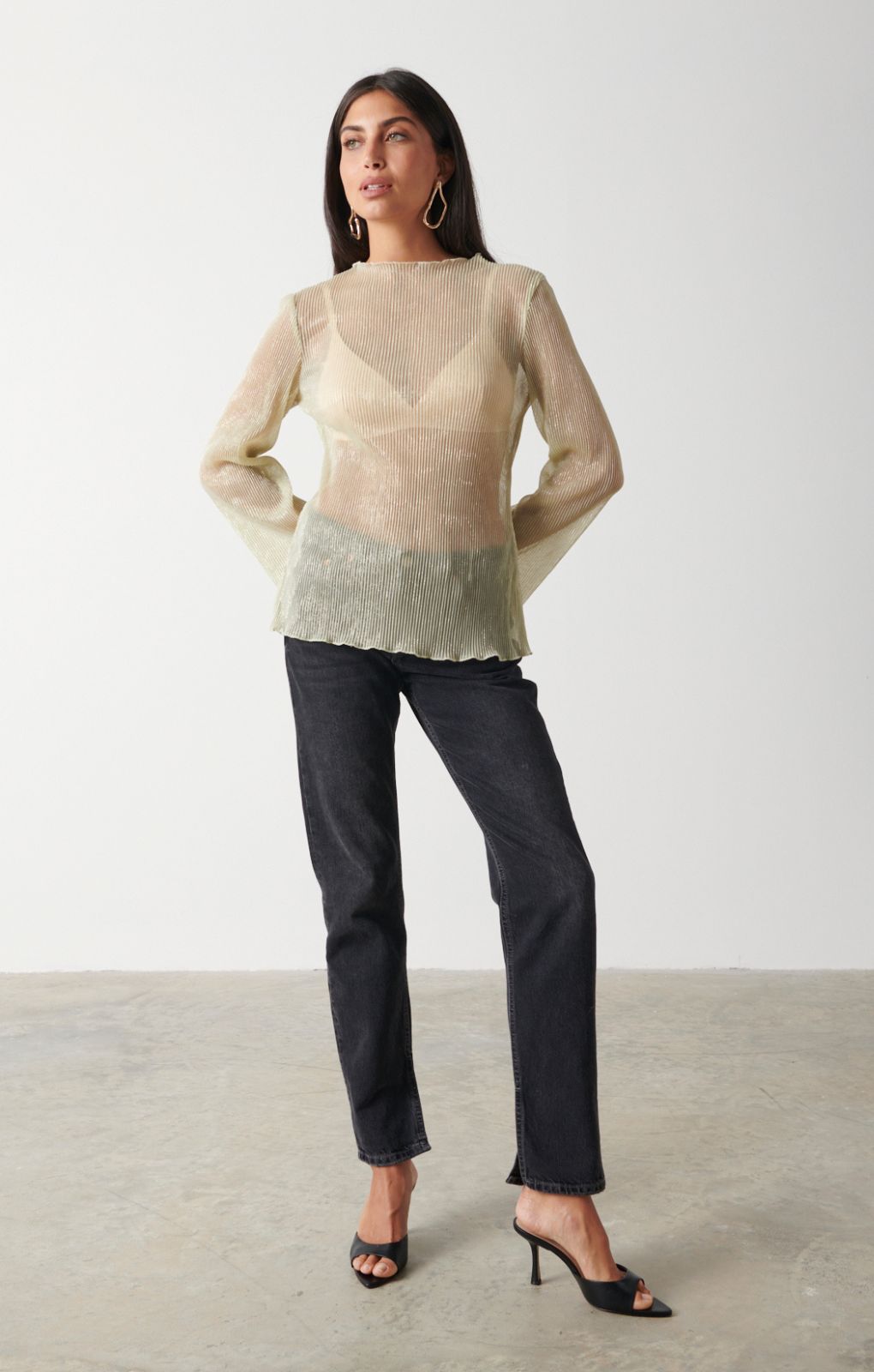 Pretty Lavish Fraser Sheer Gold Plisse Top – tops by Pretty Lavish, available to rent from Hirestreet