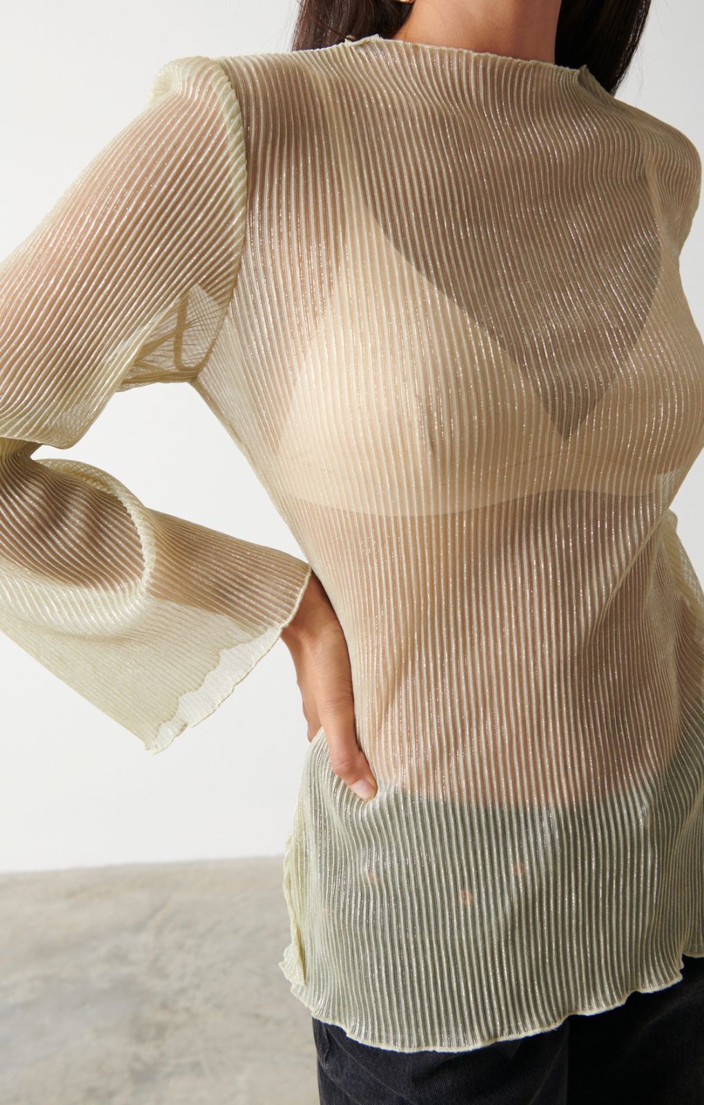 Pretty Lavish Fraser Sheer Gold Plisse Top – tops by Pretty Lavish, available to rent from Hirestreet
