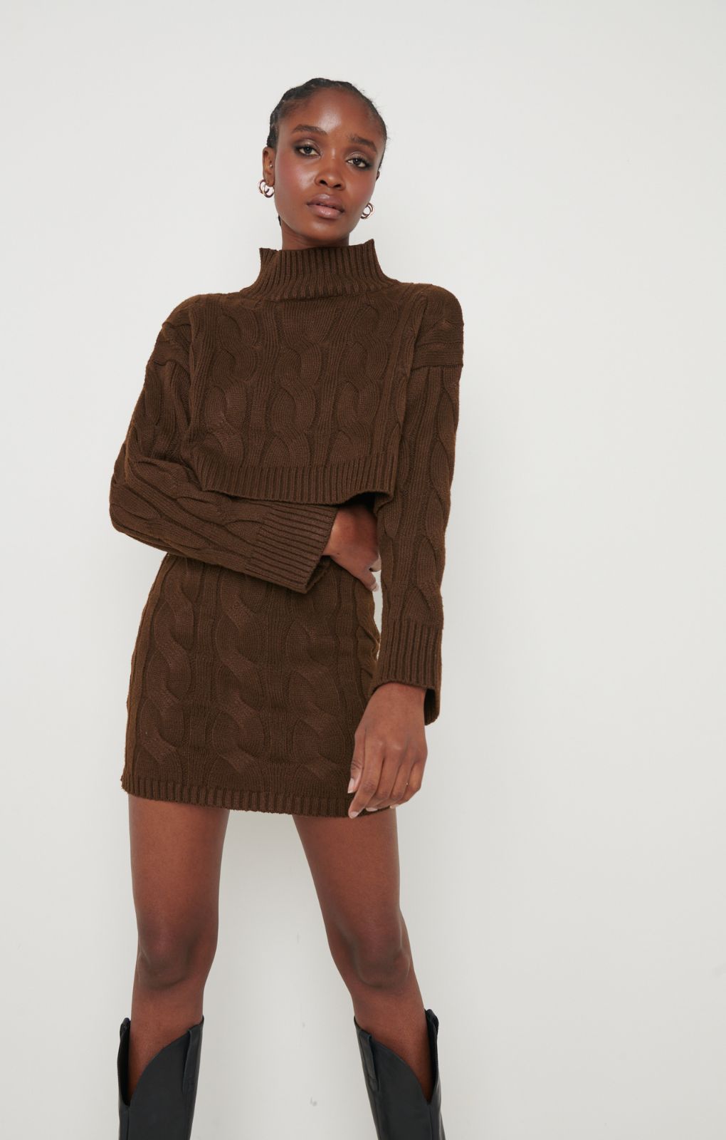 Pretty Lavish Hunter Cable Knit Cropped Brown Jumper – tops by Pretty Lavish, available to rent from Hirestreet