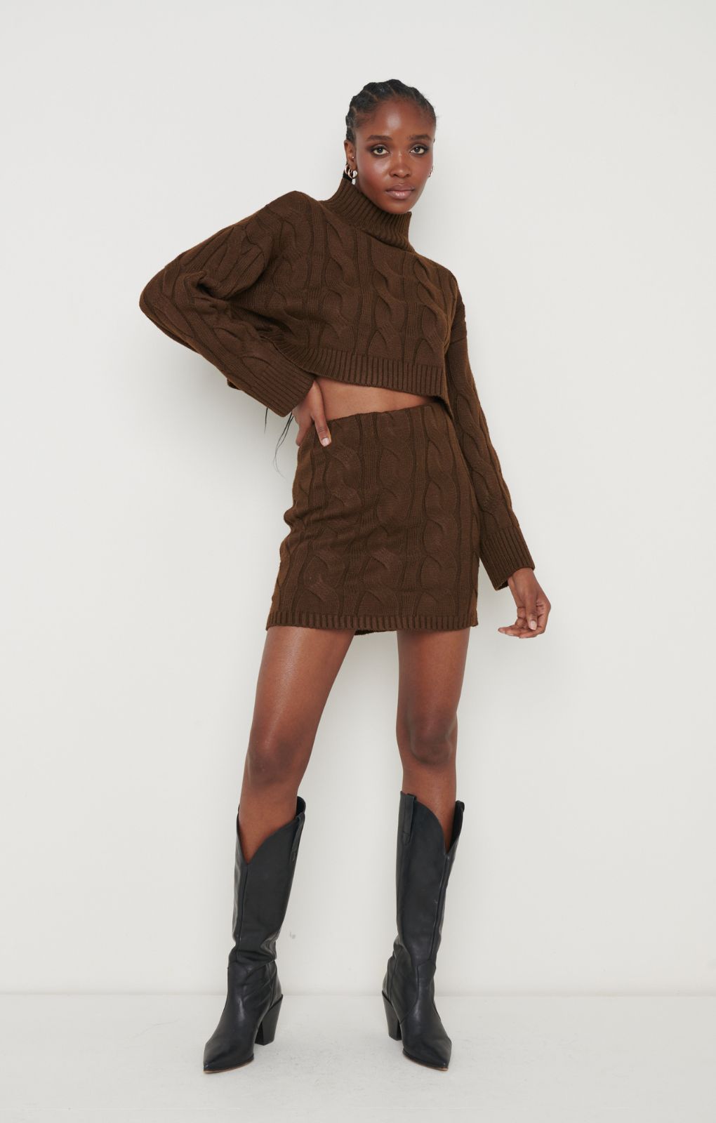 Pretty Lavish Hunter Cable Knit Cropped Brown Jumper – tops by Pretty Lavish, available to rent from Hirestreet