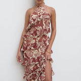 Pretty Lavish Katy Ruffle Brown Floral Maxi Dress