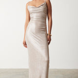 Pretty Lavish Monroe Metallic Champagne Maxi Dress – dresses by Pretty Lavish, available to rent from Hirestreet
