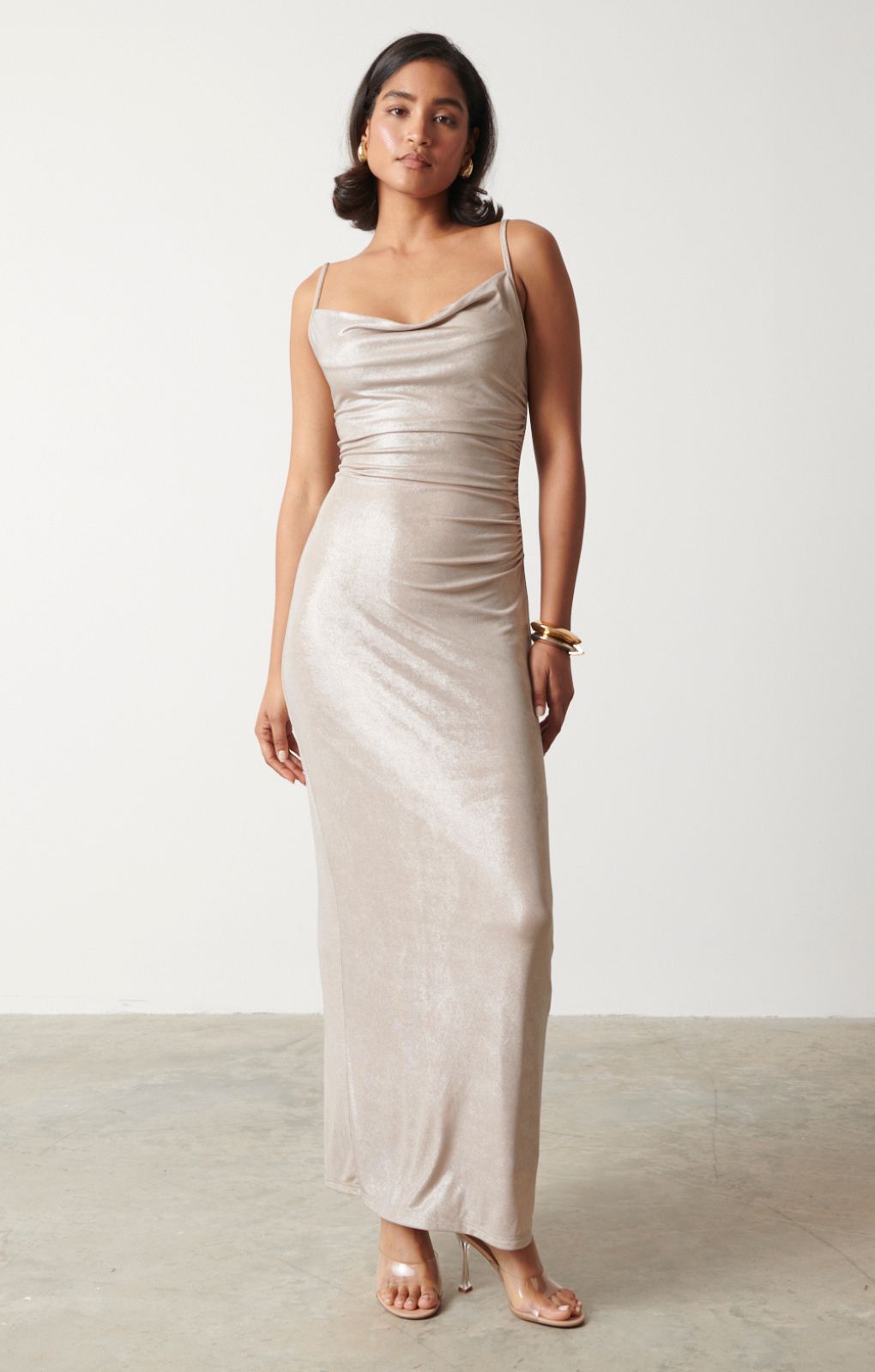 Pretty Lavish Monroe Metallic Champagne Maxi Dress – dresses by Pretty Lavish, available to rent from Hirestreet