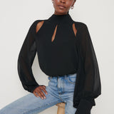 Pretty Lavish Romy Cut Out High Neck Black Blouse – tops by Pretty Lavish, available to rent from Hirestreet