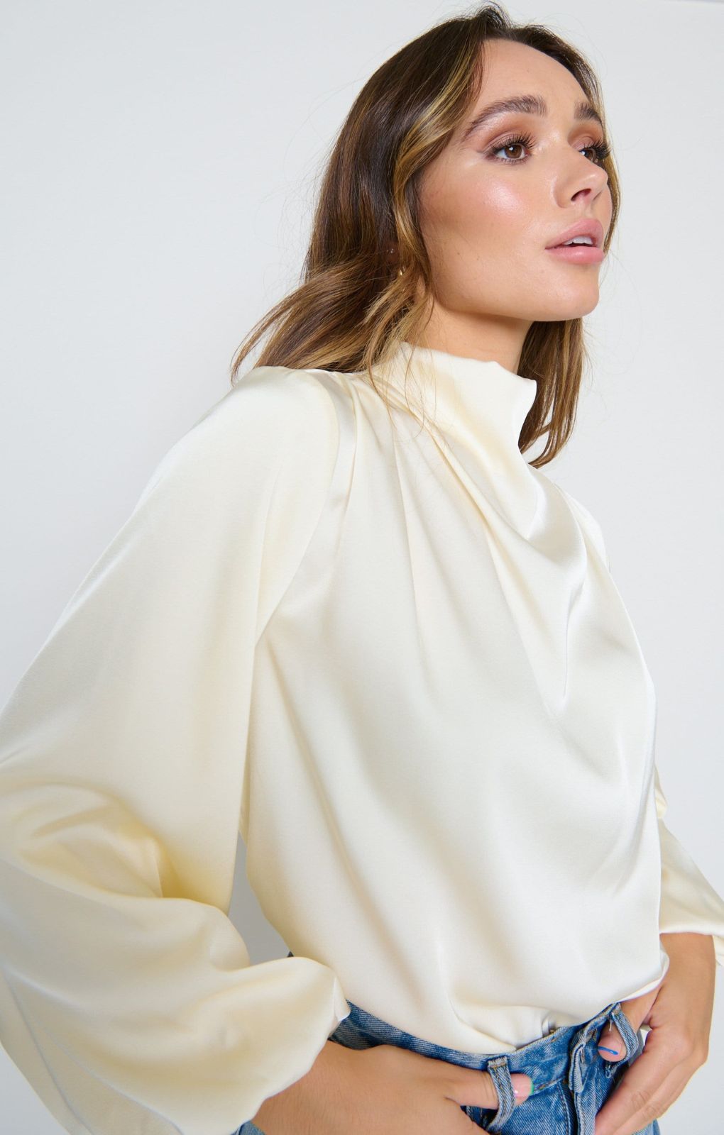 Pretty Lavish Tate Cowl Neck Oyster Pleated Blouse – tops by Pretty Lavish, available to rent from Hirestreet