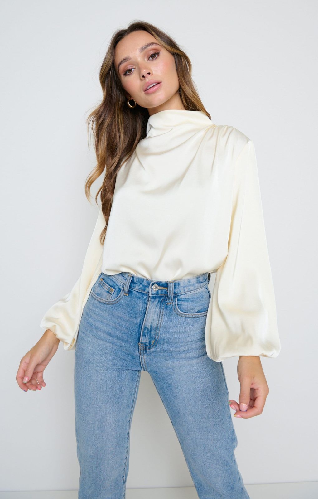 Pretty Lavish Tate Cowl Neck Oyster Pleated Blouse – tops by Pretty Lavish, available to rent from Hirestreet