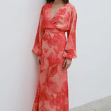 ASOS Plunge Balloon Sleeve Maxi Dress in Pink and Red Floral