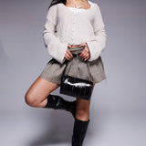 Princess Polly Cropped V Neck Button Front Bell Sleeve Knitted Cardigan in Beige