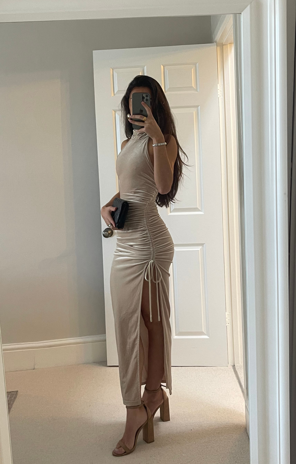 Rent Rare London Velvet High Neck Ruched Side Maxi Dress In Champagne | Hirestreet Rent Rare London Velvet High Neck Ruched Side Maxi Dress In Champagne | Hirestreet