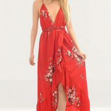 Red Floral Wrap Maxi Dress
