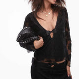 Resume V Neck Long Sleeve Lace Top with Bow Detail
