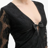 Resume V Neck Long Sleeve Lace Top with Bow Detail