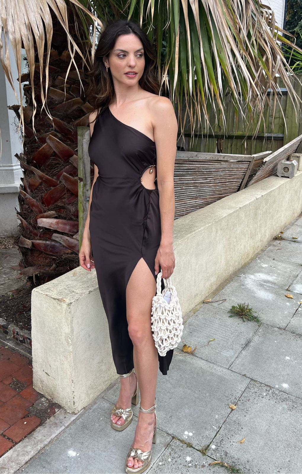ASOS DESIGN Satin One Shoulder Midi Dress With Waist Detail In Chocolate