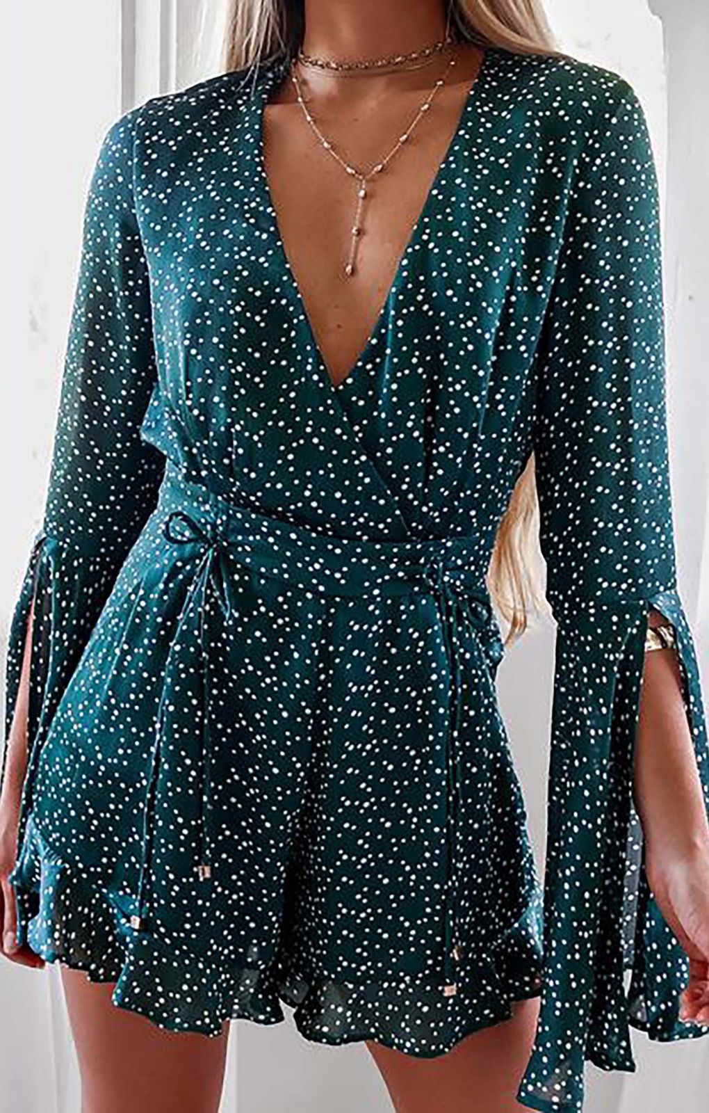 Runaway The Label Mini Emerald Playsuit With Flared Sleeves