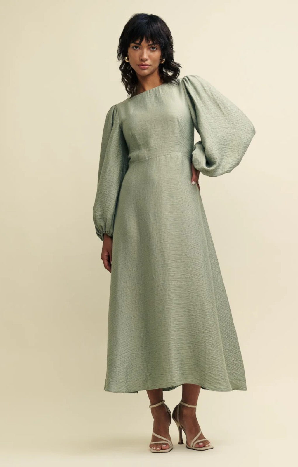 Nobody's Child Sage Green Linen-blend Balloon Sleeve Zola Midaxi Dress
