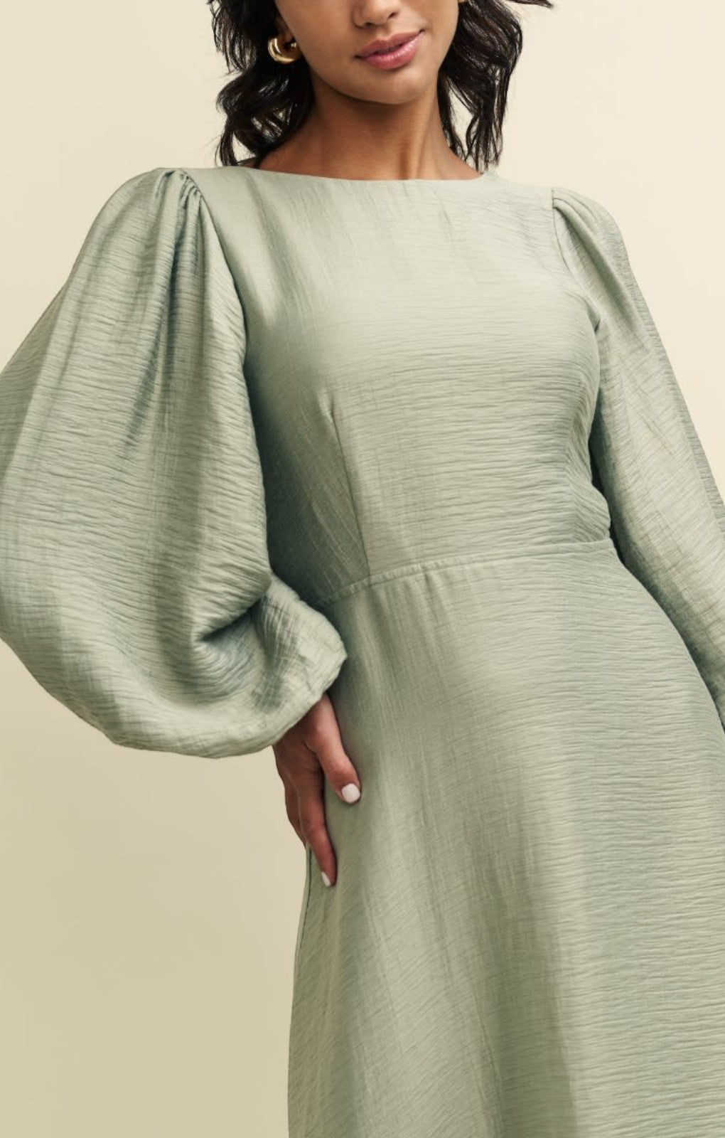 Nobody's Child Sage Green Linen-blend Balloon Sleeve Zola Midaxi Dress