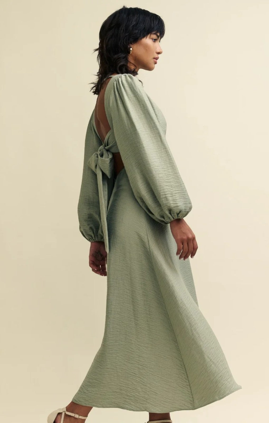 Nobody's Child Sage Green Linen-blend Balloon Sleeve Zola Midaxi Dress