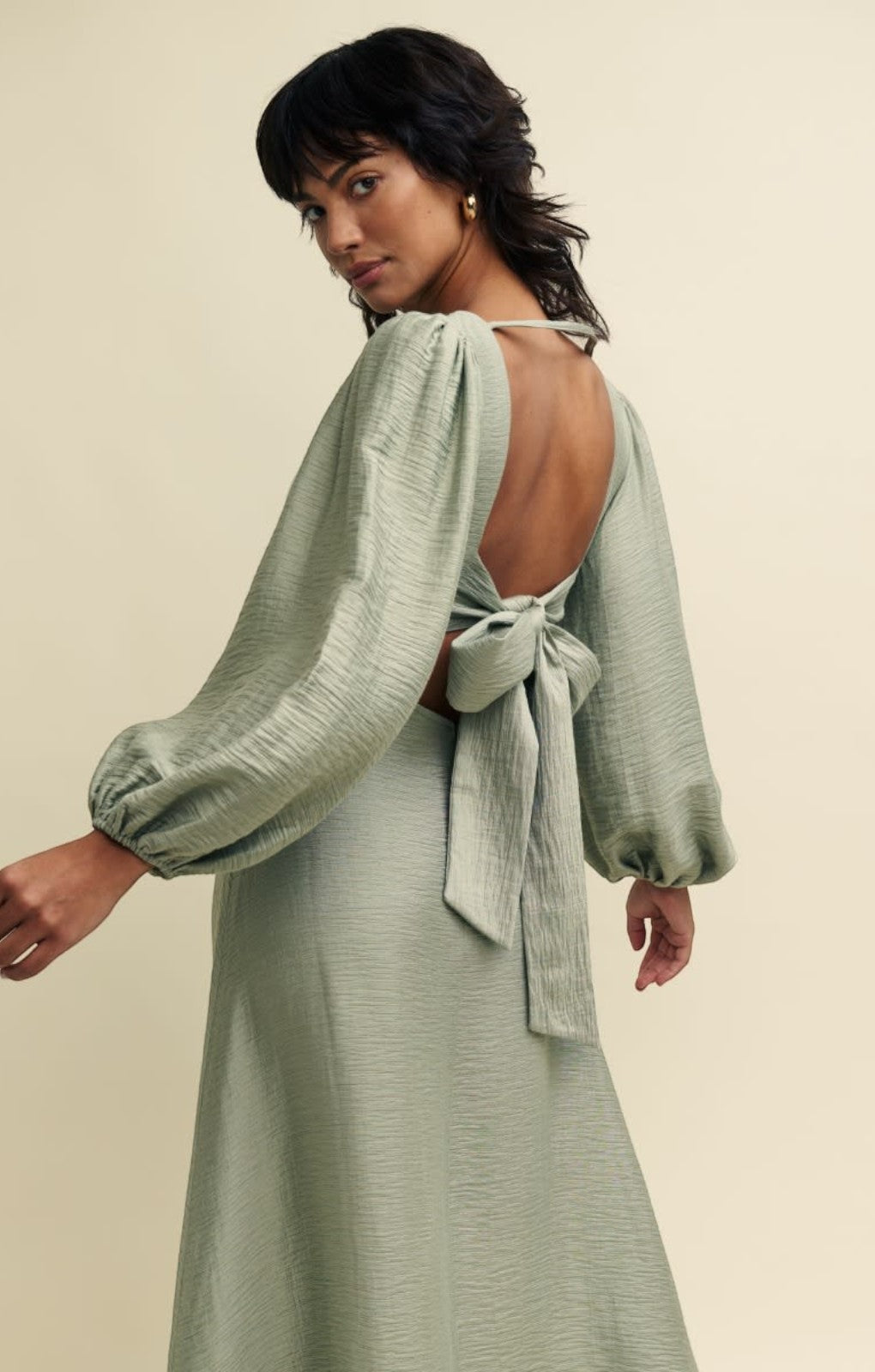 Nobody's Child Sage Green Linen-blend Balloon Sleeve Zola Midaxi Dress