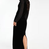 Y.A.S High Neck Velvet and Mesh Mix Midi dress in Black