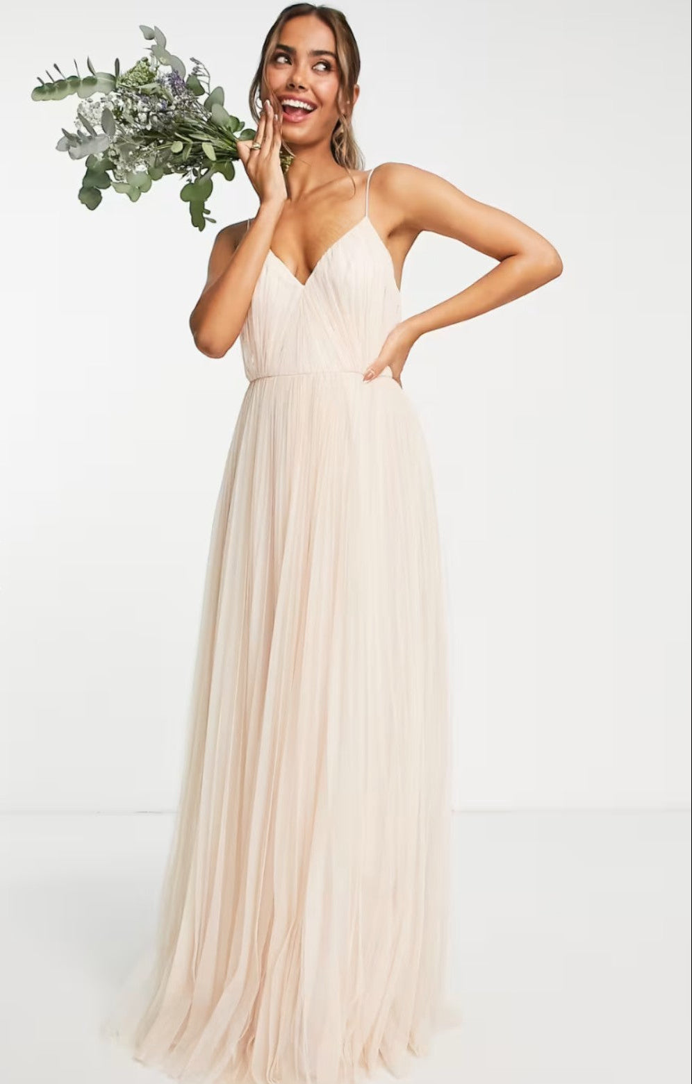Ebay Only  Asos Design Bridesmaid Ruched Cami Maxi Dress With Pleated Tulle Skirt In Champagne – tops by ASOS DESIGN, available to rent from Hirestreet