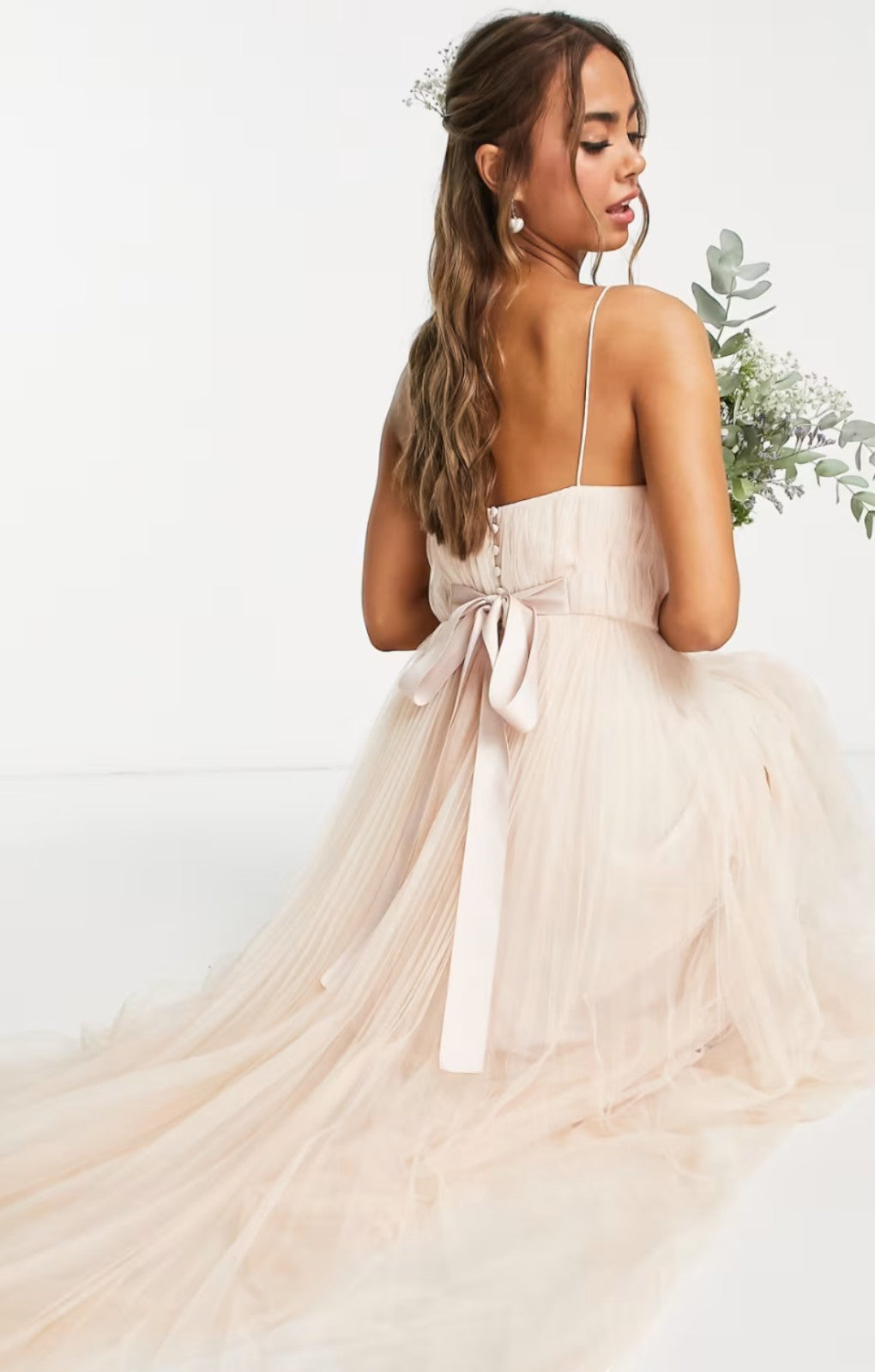 Ebay Only  Asos Design Bridesmaid Ruched Cami Maxi Dress With Pleated Tulle Skirt In Champagne – tops by ASOS DESIGN, available to rent from Hirestreet