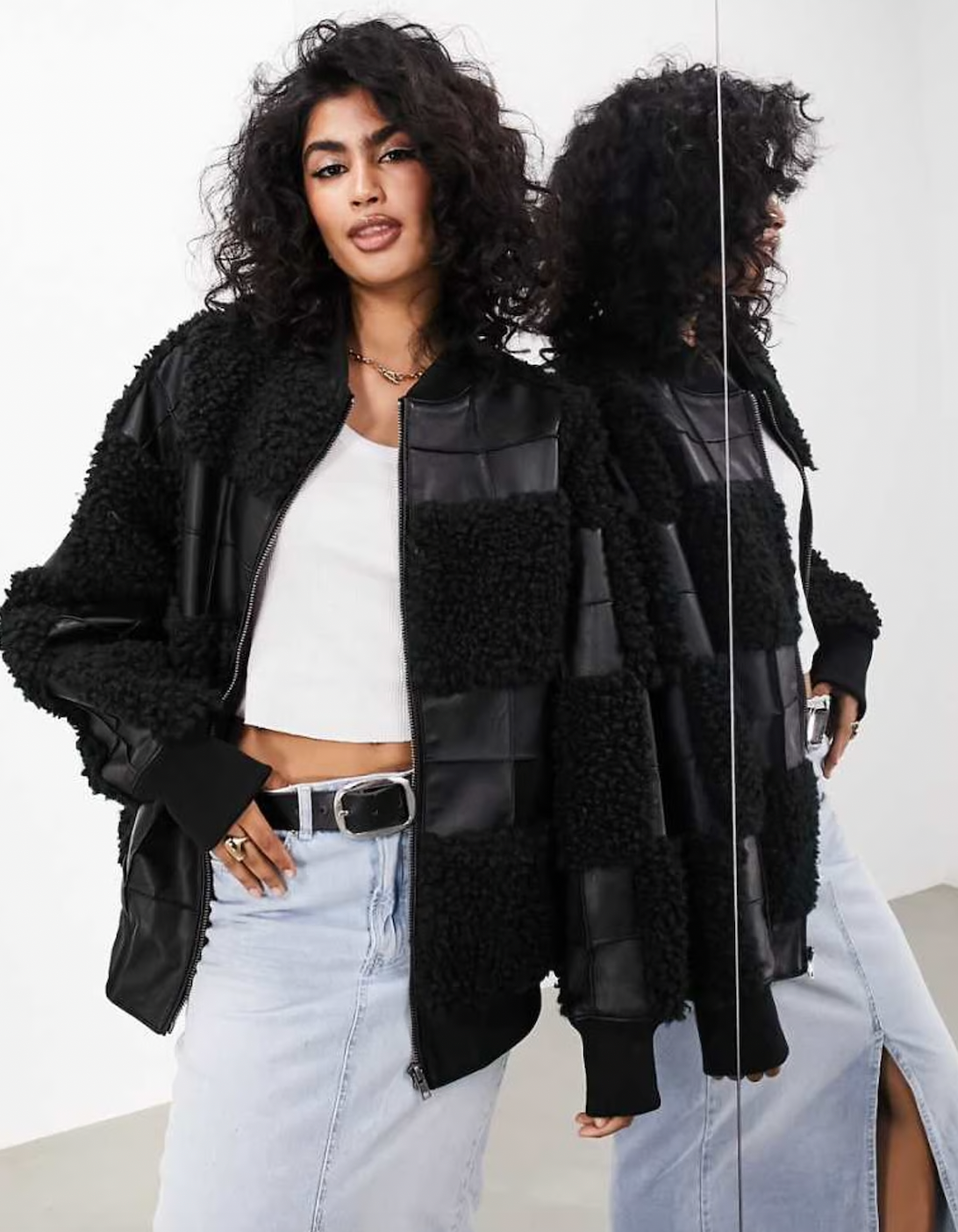 ASOS EDITION Oversized Faux Leather Patchwork Bomber Jacket In Black