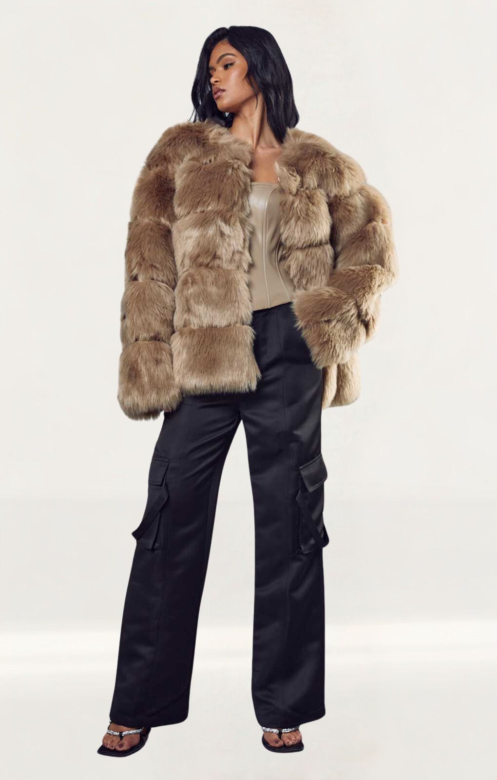 Misspap Stone Faux Fur Panelled Coat