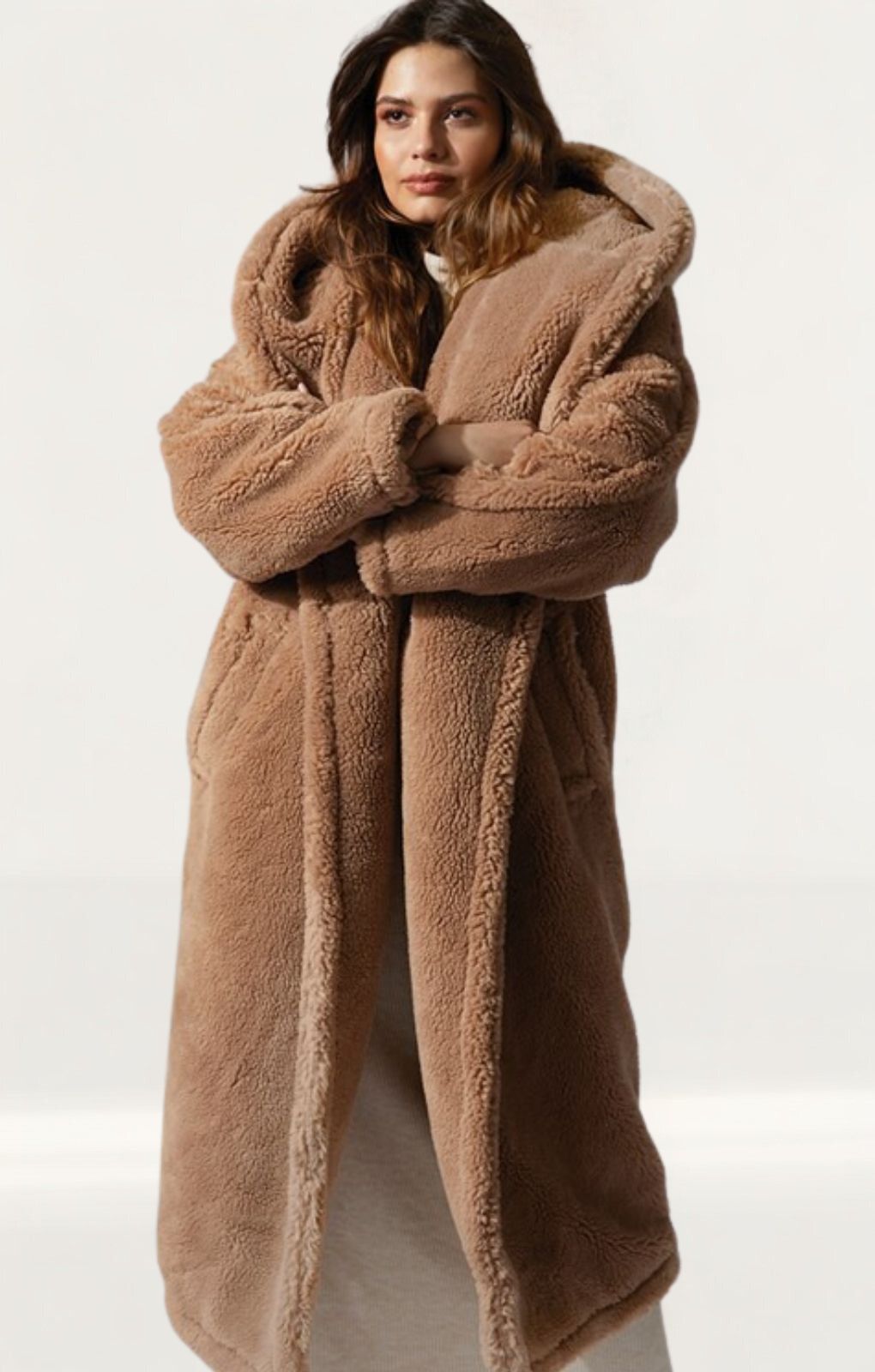 Topshop Hooded Borg Coat In Camel