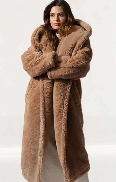 Rent Topshop Hooded Borg Coat In Camel | Hirestreet