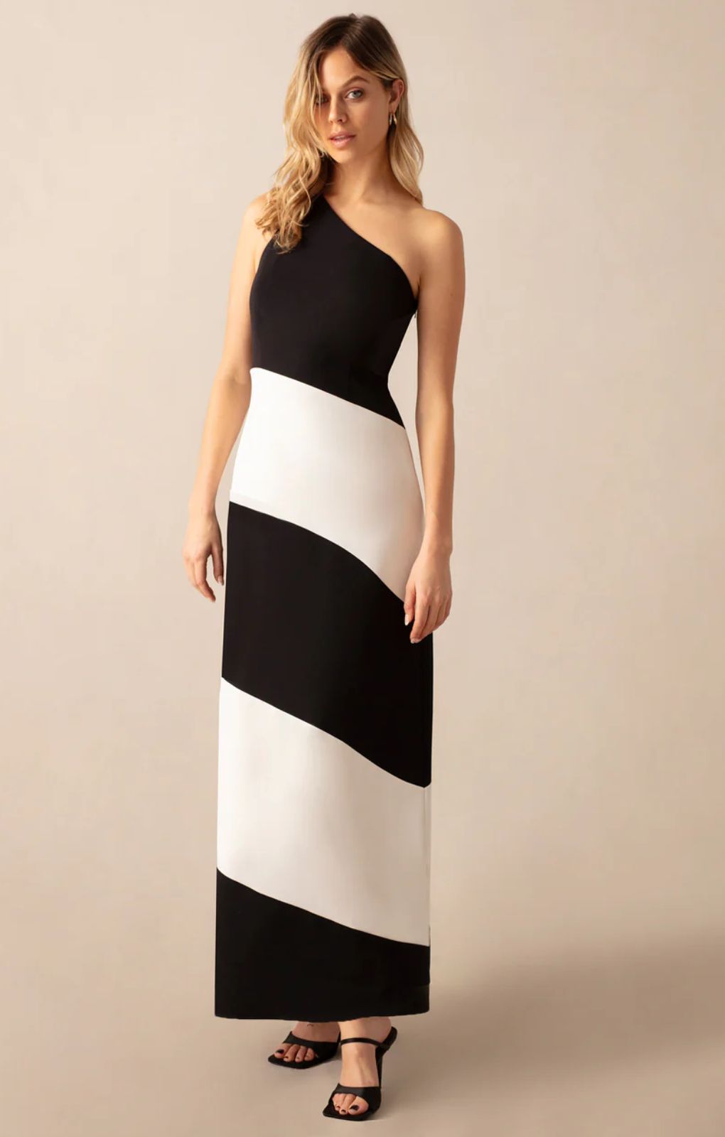 Ro&Zo Sofia Mono Stripe One Shoulder Maxi Dress