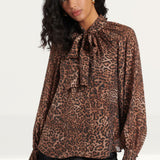 Nobody's Child Leopard Print Tie Neck Blouse