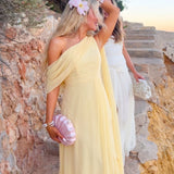TFNC One Shoulder Drape Maxi Dress with Wrap Skirt in Lemon