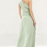 TFNC One Shoulder Satin Maxi Dress with Wrap Skirt in Sage Green