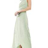 TFNC One Shoulder Satin Maxi Dress with Wrap Skirt in Sage Green