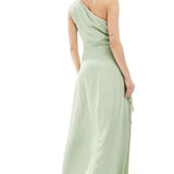 TFNC One Shoulder Satin Maxi Dress with Wrap Skirt in Sage Green