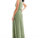 TFNC Chiffon Maxi Dress with Wrap Skirt in Dark Green