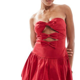 The Frolic Exclusive Bandeau Bow Detail Cut Out Satin Puffball Mini Dress in Red