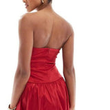 The Frolic Exclusive Bandeau Bow Detail Cut Out Satin Puffball Mini Dress in Red