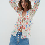 Pretty Lavish Tomlin V Neck Dainty Floral Ruffle Tie Blouse
