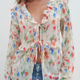 Pretty Lavish Tomlin V Neck Dainty Floral Ruffle Tie Blouse