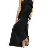 ASOS DESIGN Satin One Shoulder Wrap Maxi Dress With Open Back In Black