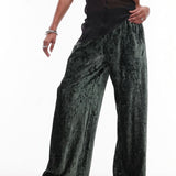Topshop Crushed Velvet Wide Leg Trouser with Skinny Waistband in Green