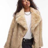 Topshop Faux Fur Midi Coat in Buttermilk