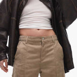 Topshop Faux Suede Cropped Kick Flare Trouser in Light Beige