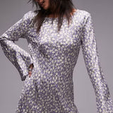 Topshop Jacquard Fluted Sleeve Mini Dress In Lilac Floral