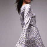 Topshop Jacquard Fluted Sleeve Mini Dress In Lilac Floral