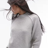 Topshop Knitted Crew with Raglan and Exposed Seam Jumper in Light Grey